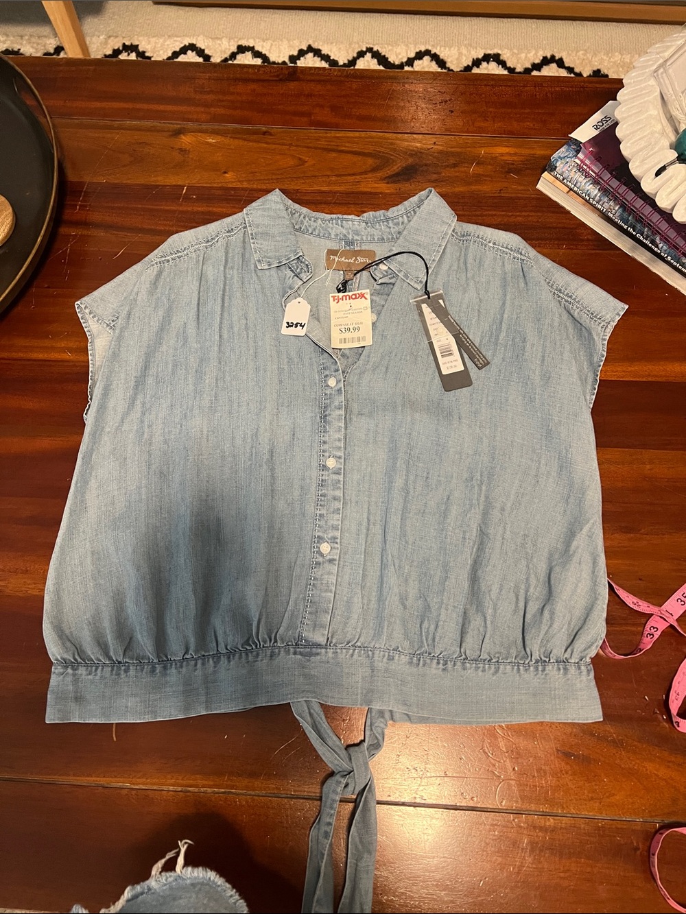 Michael Stars Light Blue Tie-Back Chambray Button-Down Top